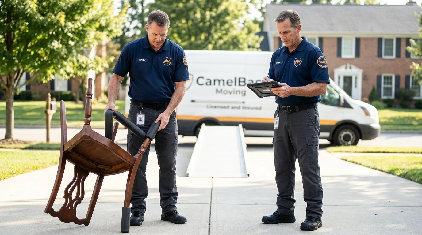 Movers inspecting furniture for damage prevention before loading in Mountlake Terrace, WA