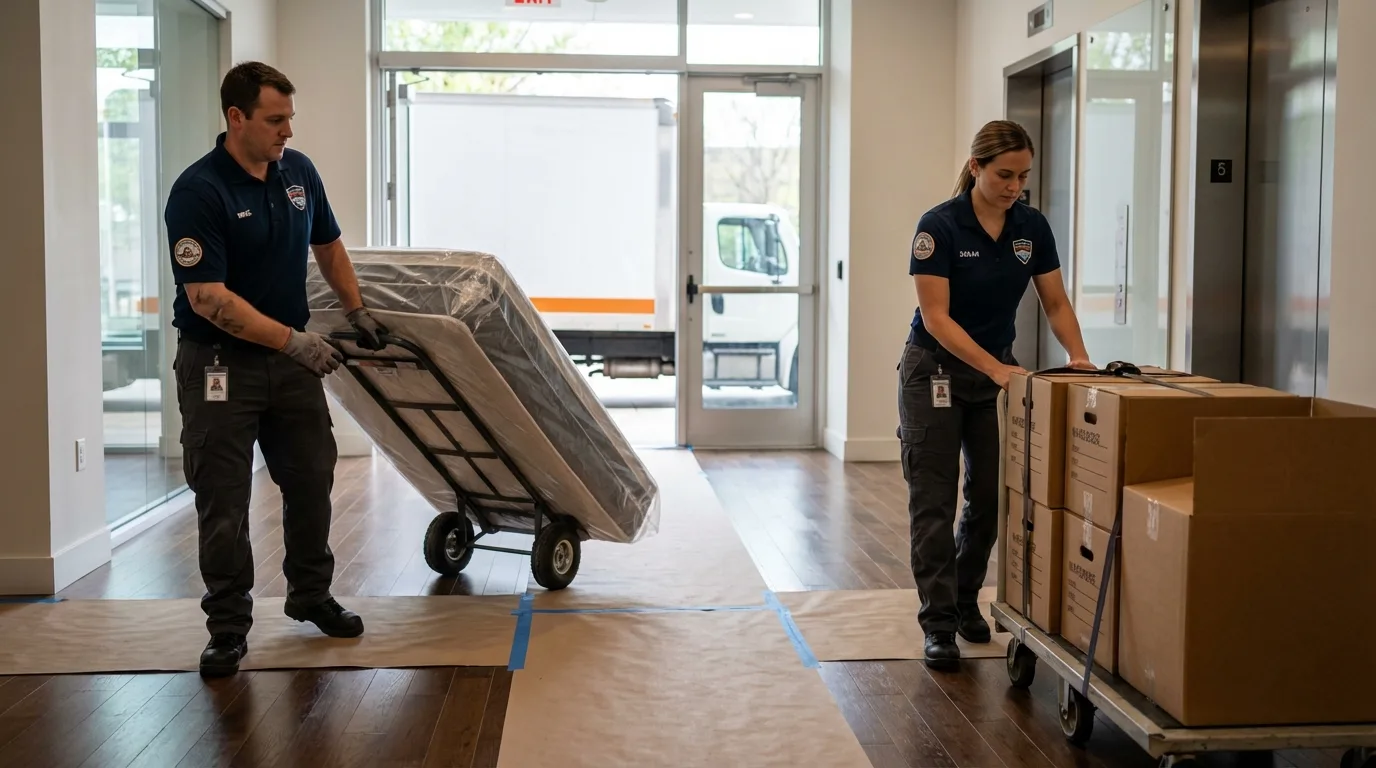 Professional apartment movers loading elevator in Mountlake Terrace, WA